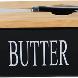 World Techno Ceramic Butter Dish with Wooden Lid - Covered Butter Keeper with Butter Knife, Airtight Butter Container with Cover Perfect for 2 Sticks