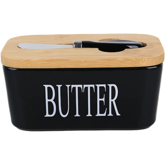 World Techno Ceramic Butter Dish with Wooden Lid - Covered Butter Keeper with Butter Knife, Airtight Butter Container with Cover Perfect for 2 Sticks
