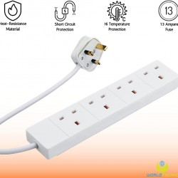 4 Gang Way Extension Lead UK Pin Plug and Cable - Multi Socket Mains Strip (White, 4 Metre Cable)