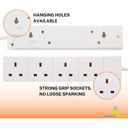 4 Gang Way Extension Lead UK Pin Plug and Cable - Multi Socket Mains Strip (White, 4 Metre Cable)