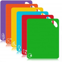 Plastic Cutting Board - 6 Pcs Extra Thick Flexible Plastic Chopping Board Mats with Food Icons, 1.3 MM Non Slip Antimicrobial Easy Hanging Boards, Dishwasher Safety