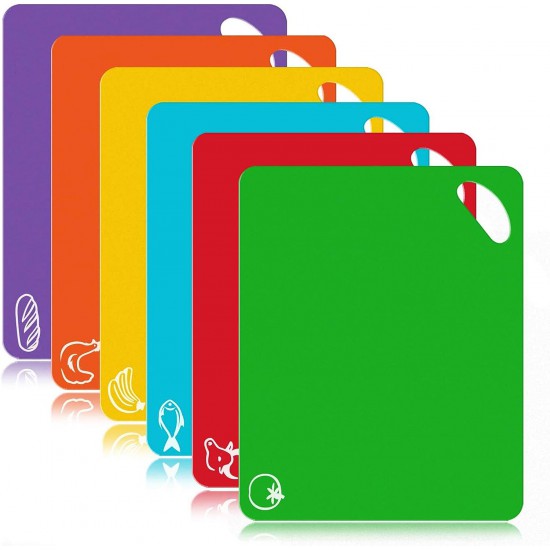 Plastic Cutting Board - 6 Pcs Extra Thick Flexible Plastic Chopping Board Mats with Food Icons, 1.3 MM Non Slip Antimicrobial Easy Hanging Boards, Dishwasher Safety