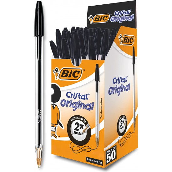 Cristal Original Smudge Free Ballpoint Pens, Ideal for School, Black, Medium Point (1.0mm), Pack of 50
